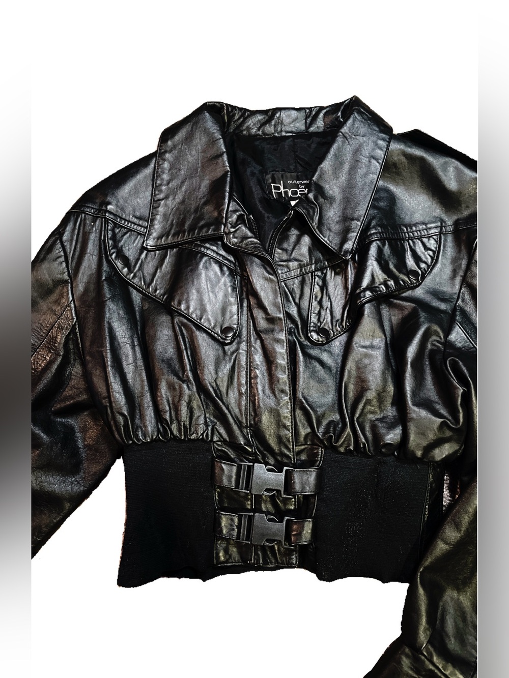 Vintage Outerwear by Phoenix Black Leather Cropped Bomber Jacket Large